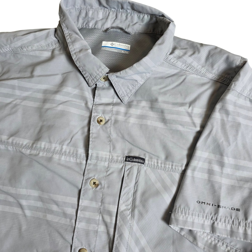 Columbia Shirt Mens XL Grey Striped Short Sleeve Omni-Shade Hiking XM9025